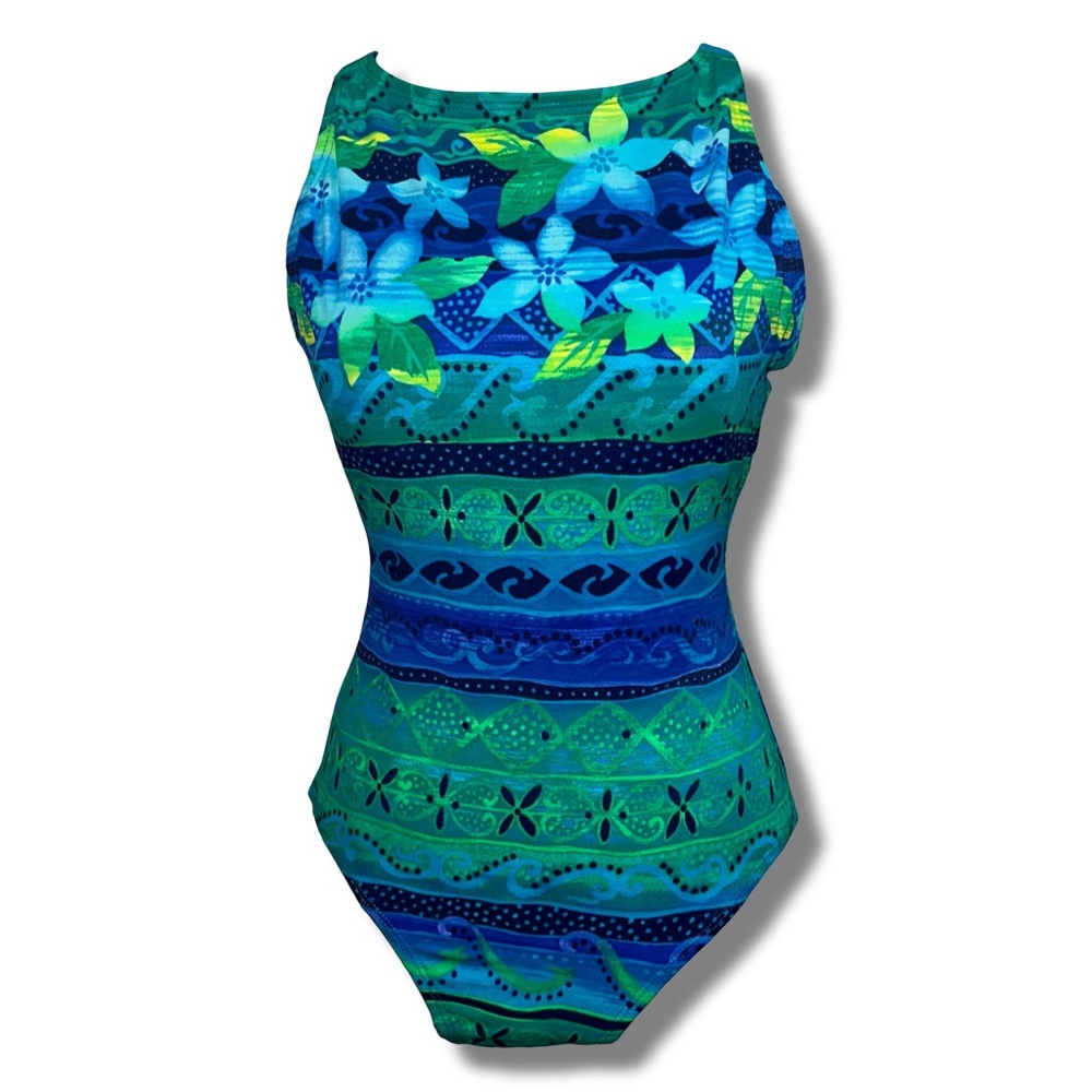 Vintage Women One-Piece Swimsuit in Blue and Green Floral Stripe